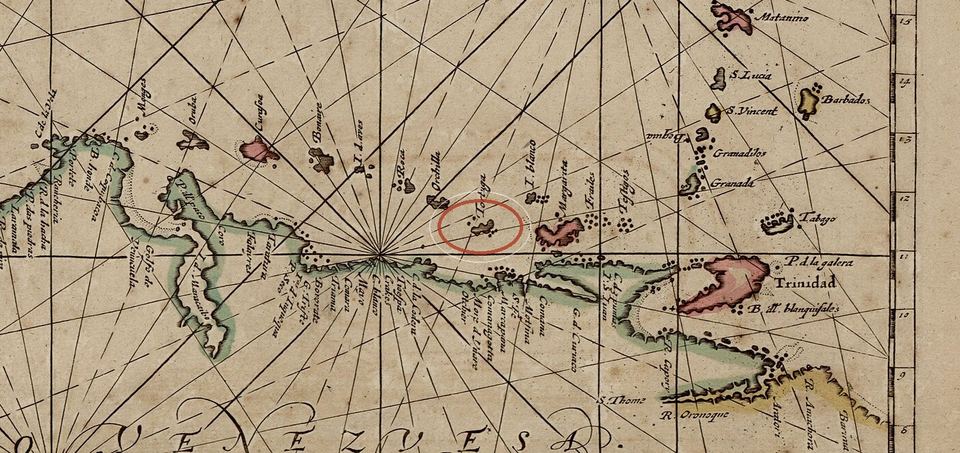 Hendrick Doncker's 1672 Dutch chart: the Venezuelan coast with La Tortuga circled, between Orchila and Margarita