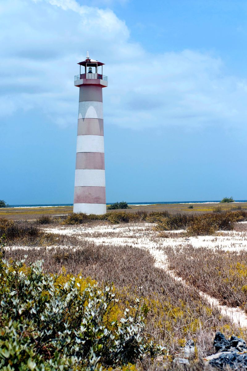 Red-and-white striped lighthouse among coastal scrub on Cayo Herradura