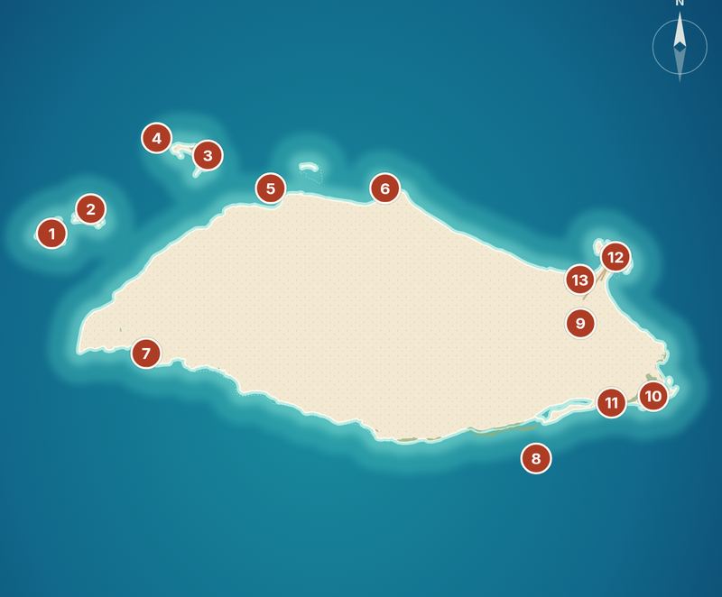 Mapa ilustrado de la Isla La Tortuga y sus cayos con lugares numerados