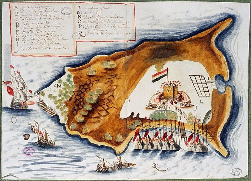 Spanish plan of La Tortuga, 1638, showing the landing and the assault on the Dutch fort by the saltpan